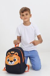 Kaplan Figürlü Siyah Anaokulu Kreş Çantası 4 Bölmeli Erkek Çocuk Sırt Çantası - Probag