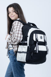 Siyah Beyaz Okul Çantası 4 Bölmeli Ortopedik Sırt Destekli Su Geçirmez İlkokul Ortaokul Sırt Çantası - 6