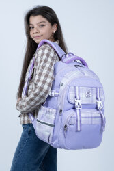 Lila Kareli Okul Çantası 4 Bölmeli Ortopedik Sırt Destekli Su Geçirmez İlkokul Ortaokul Sırt Çantası - 6