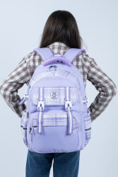 Lila Kareli Okul Çantası 4 Bölmeli Ortopedik Sırt Destekli Su Geçirmez İlkokul Ortaokul Sırt Çantası - 7