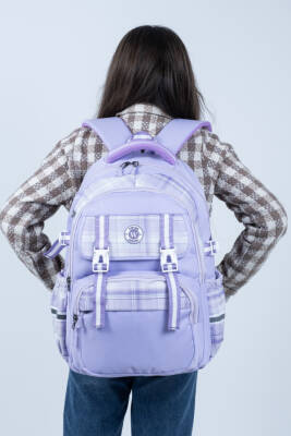 Lila Kareli Okul Çantası 4 Bölmeli Ortopedik Sırt Destekli Su Geçirmez İlkokul Ortaokul Sırt Çantası - 7