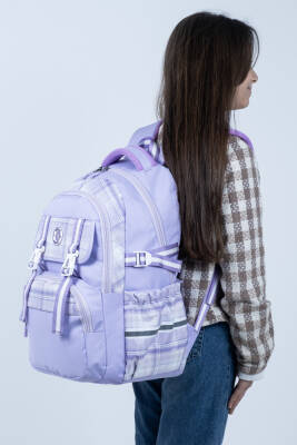 Lila Kareli Okul Çantası 4 Bölmeli Ortopedik Sırt Destekli Su Geçirmez İlkokul Ortaokul Sırt Çantası - 8