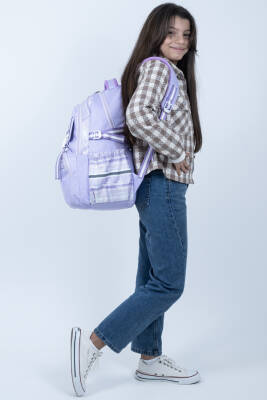 Lila Kareli Okul Çantası 4 Bölmeli Ortopedik Sırt Destekli Su Geçirmez İlkokul Ortaokul Sırt Çantası - 9