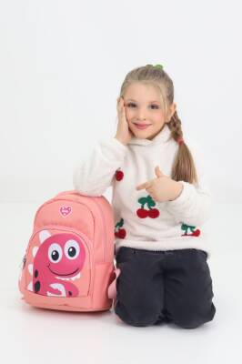 Sevimli Dinozor Figürlü Somon Anaokulu Kreş Çantası 4 Bölmeli Kız Çocuk Sırt Çantası - 1