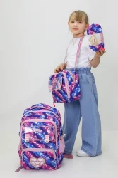 Kalp Temalı Kız Çocuk Üçlü Ilkokul Çanta Seti - Kalpli Sırt Çantası Termal Beslenme Çantası Kalemlik - 1