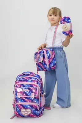 Kalp Temalı Kız Çocuk Üçlü Ilkokul Çanta Seti - Kalpli Sırt Çantası Termal Beslenme Çantası Kalemlik - 1