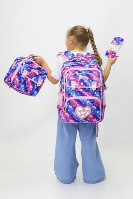 Kalp Temalı Kız Çocuk Üçlü Ilkokul Çanta Seti - Kalpli Sırt Çantası Termal Beslenme Çantası Kalemlik - 4