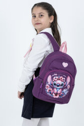 Mor Stitch Figürlü Kız Çocuk Anaokulu Sırt Çantası – Çiçek Desenli, Ergonomik Kreş Çantası - Probag