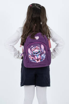 Mor Stitch Figürlü Kız Çocuk Anaokulu Sırt Çantası – Çiçek Desenli, Ergonomik Kreş Çantası - 3
