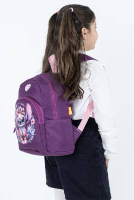 Mor Stitch Figürlü Kız Çocuk Anaokulu Sırt Çantası – Çiçek Desenli, Ergonomik Kreş Çantası - 4