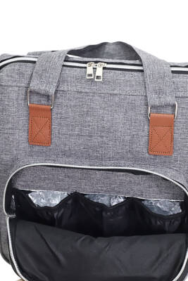 Termal Biberon Bölmeli Gri Anne Bebek Bakım Çantası Deri Detaylı Askılı Bebek Arabası Uyumlu - 3