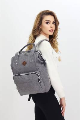 Termal Bölmeli Gri Anne Bebek Sırt Çantası Melanj Kumaş Su Geçirmez Bebek Bakım Çantası Puset Uyumlu - 1