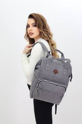 Termal Bölmeli Gri Anne Bebek Sırt Çantası Melanj Kumaş Su Geçirmez Bebek Bakım Çantası Puset Uyumlu - 2