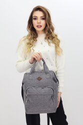 Termal Bölmeli Gri Anne Bebek Sırt Çantası Melanj Kumaş Su Geçirmez Bebek Bakım Çantası Puset Uyumlu - 3