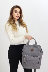 Termal Bölmeli Gri Anne Bebek Sırt Çantası Melanj Kumaş Su Geçirmez Bebek Bakım Çantası Puset Uyumlu - 4
