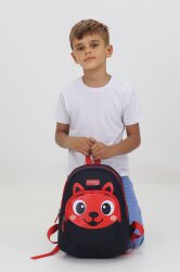 Tilki Figürlü Siyah Kırmızı Anaokulu Kreş Çantası 4 Bölmeli Erkek Çocuk Sırt Çantası 